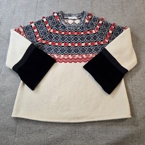 Clu Too Fair Isle Crewneck Wool Blend Women's Sweater Velvet Trim Bell Sleeves S